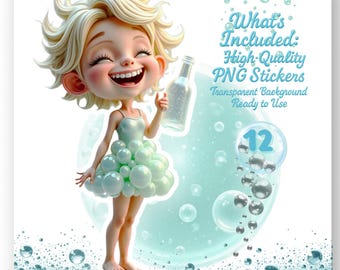 Set of 12  PNG Stickers: Whimsical Fairy Bubble Bliss Clipart for Journals (Digital Download)