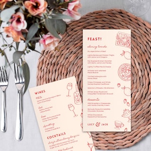Menu jedzenia i napojów, Ilustracja ślubna, Zrelaksowana atmosfera zabawy, Wino, Koktajle, Piwo, Szablon Canva, Zaproszenie, Zapisz datę, Karta informacyjna