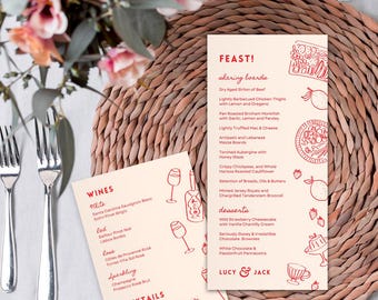 Geïllustreerde bruiloftsmenusjabloon, leuk eten en drinken (bewerkbaar op canvas)