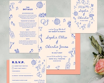 Handgetekende briefpapier bruiloft sjabloonbundel, ontspannen elektrisch blauwe bruiloft