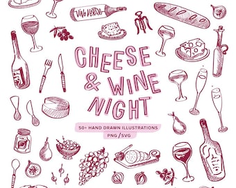 Kaas- en wijnillustratiebundel, clipart, iconen, handgetekend etentje