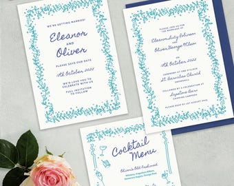 Bundel met minimalistische gebladerte bruiloftsuitnodiging, canvassjabloon (digitale download)