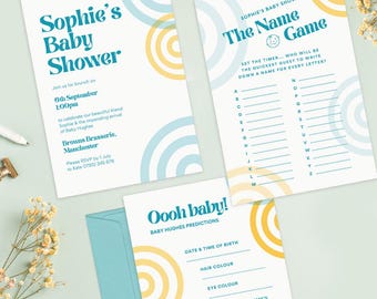 Groovy babyshowergamebundel, retro geometrisch thema (digitale download)