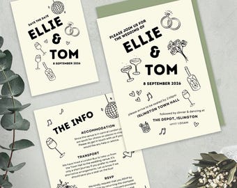 Monochroom sjabloonbundel huwelijksuitnodiging, krabbelillustraties (canvasjabloon)