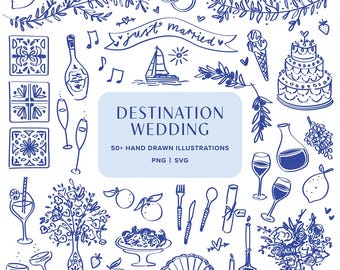 Mediterrane bruiloft illustratiebundel, clipart, iconen, grillige doodles voor huwelijksuitnodigingen