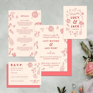 May include: A set of wedding stationery in cream and red, featuring a main invitation, details card, and RSVP card. The designs include red line-art illustrations of disco balls, cocktails, and rings, with text announcing the wedding of Lucy and Jack.