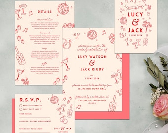 Geïllustreerde bruiloft uitnodiging sjabloonbundel, ontspannen sfeer (canva bewerkbaar, digitale download)