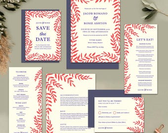 Bruiloft uitnodigingsbundel met herfstgebladerte, rustieke canvassjabloon (digitale download)