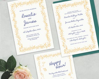 Bundel met minimalistische gebladerte bruiloftsuitnodiging, canvassjabloon (digitale download)