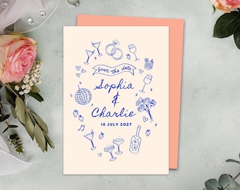 Bruiloft: bewaar deze datum, digitale download, krabbelillustratie, ontspannen sfeer bruiloft, canvassjabloon