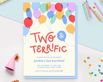Sjabloon 2e verjaardagsuitnodiging, kleurrijke ballonillustraties, digitale download op canva