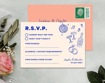 RSVP-kaart, digitale download, krabbelillustratie, ontspannen sfeer bruiloft, canvassjabloon