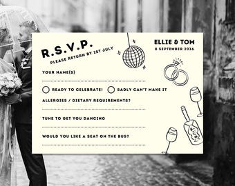 RSVP-sjabloon City Chic Wedding, zwart-witillustraties (canvasjabloon)