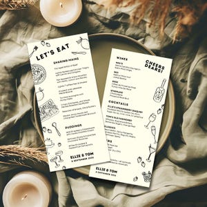 Monochromatyczne menu weselne, jedzenie, wino, koktajle, ilustracja Doodle, zrelaksowana zabawa, szablon Canva, zaproszenie, zapisz datę, karta informacyjna