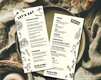 Monochroom bruiloftsmenusjabloon met krabbelillustraties (bewerkbaar op canvas)