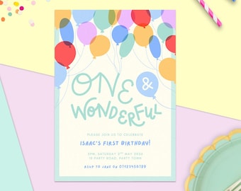 Sjabloon 1e verjaardagsuitnodiging, illustratie ballonnenfeest, gepersonaliseerd, digitale download op canva