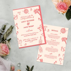 Einladung & Details, Hochzeitsillustration, entspannte lustige Atmosphäre, Canva Vorlage, Einladung, Infokarte, Save The Date, Cocktailkarte