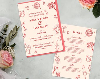 Geïllustreerde huwelijksuitnodigingssuite, leuke sfeer, canvasjabloon (digitale download)