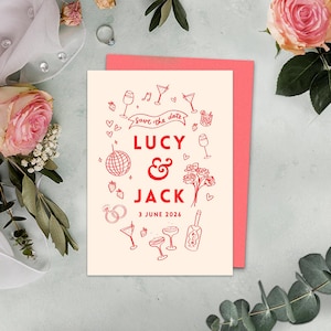 Puede incluir: Tarjeta de guardar la fecha con fondo crema e ilustraciones rojas de una bola de discoteca, copas de champán, corazones, fresas y una botella de vino. El texto dice "Save the date for Lucy & Jack, 3 June 2026".