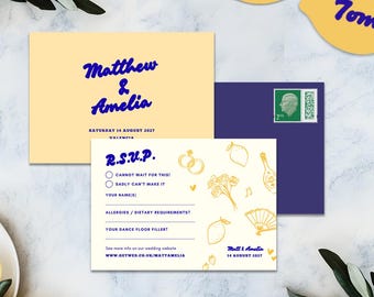 RSVP-kaart Spaanse citroenen, digitale download, krabbelillustratie, ontspannen tuinhuwelijk, canvassjabloon