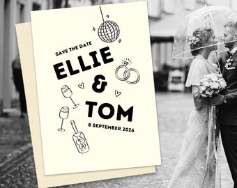 Zwart-wit bruiloft-save-the-date-sjabloon, city chic-illustraties (canva)