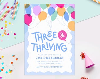 3e verjaardagsuitnodiging bewerkbare canvassjabloon, kleurrijke ballonnen, digitale download