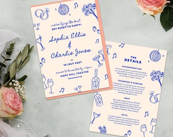 Handgetekende huwelijksuitnodiging en details canvassjabloon