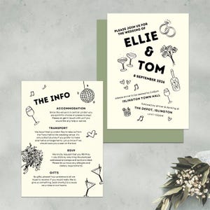 Plantilla de invitación de boda monocromática, ilustraciones divertidas, corbata negra, boda urbana chic, Canva, tarjeta de información, RSVP, menú de cócteles, vinos y comida