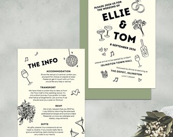 Geïllustreerde sjabloon huwelijksuitnodiging, city chic, zwarte stropdas (canva)