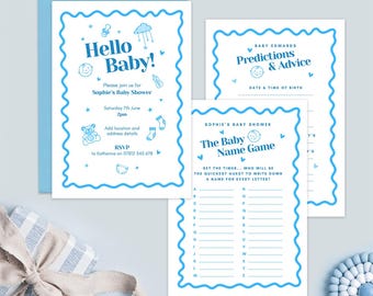 Blauwe uitnodigingsbundel babyshower, games, Evite (digitale download)