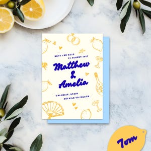 Tarjetas editables de limones para anunciar la fecha de tu boda, ilustraciones dibujadas a mano, plantilla de Canva, descarga digital.
