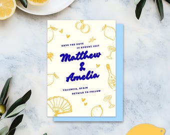 Spaanse citroenen bewaar deze datum, handgetekende illustraties, aanpasbare sjabloon (digitale download canva)