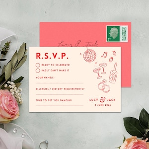 Tarjeta RSVP, Ilustración dibujada a mano, Boda relajada y divertida, Plantilla Canva, Invitación, Guardar la fecha, Detalles, Menú de cócteles