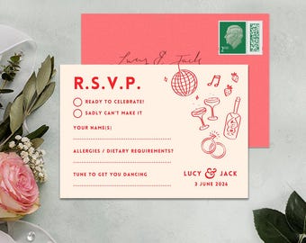 Doodle antwoordkaart bruiloft, leuke illustratie (canvasjabloon)