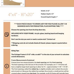 May include: A diagram of a Cottage Style Frame with dimensions. The frame is 3 1/2 inches wide, with a rabbet depth of 1/4 inch and an overall depth/height of 1 inch. Text includes sizing tips and frame measurement explanations.