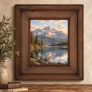 May include: A framed wall art piece featuring a landscape print of a snow-capped mountain range reflected in a calm lake, surrounded by evergreen trees under a soft sunset sky, encased in a wide, dark brown wooden frame with beveled edges.