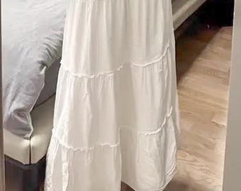 Saia longa boho de algodão branco | Saia longa branca de verão | Saia longa evasê em camadas | Presentes para ela | Cintura elástica | Saia branca lisa