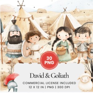 Clipart della Bibbia / Clipart di Davide e Golia / Bibbia acquerellata / Grafica per la scuola domenicale cristiana / Arte per bambini basata sulla fede / Download digitale