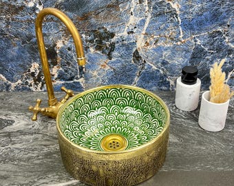 Custom Made Farmhouse Sink Wrapped With Brass - Round Bathroom Basin - Ceramic Vessel Sink - Brass Vanity Sink - Porcelain Ceramic WashBasin