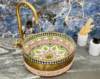 Lavabo de baño moderno redondo con acabado de latón para tocador - Lavabo de baño de cerámica hecho a mano - Lavabo de granja marroquí
