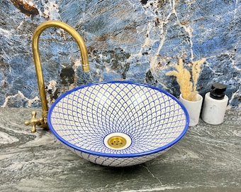 Handmade Ceramic Washbasin for Vanity Decor - Round Bathroom Sink with Fish Scales Patterns - Above counter Basin Sink - Hand wash Bowl