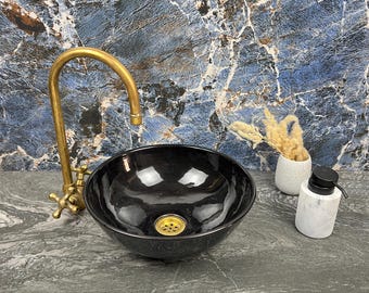 Black Bathroom Sink Vanity Centerpiece - Round Modern Ceramic Vessel Sink - Handmade Bathroom Basin - Artisan Hand Wash Bowl - Washbasin