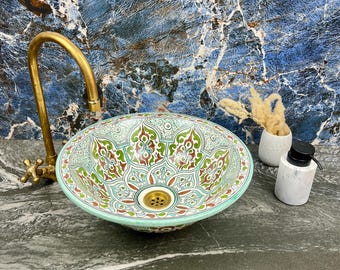Handmade Colorful Ceramic Basin - Round Bathroom Sink Vanity Countertop - Handmade Ceramic Washbasin with Mid Century Style - Vessel Sink