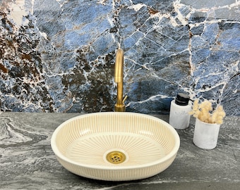 Bathroom Oval Vessel Sink - Ceramic Oval Washbasin for Vanity Centerpiece - Beige Porcelain Sink - Handmade Basin for Bathroom Decor