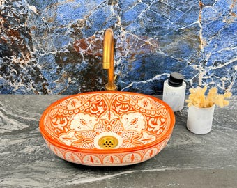 Oval Ceramic Bathroom Sink For Vanity Centerpiece - Oval Vessel Basin - Custom Made Moroccan Porcelain Sink - Handmade Orange Ceramic Sink