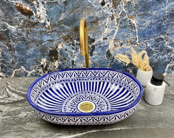 Minimalist Blue Oval Ceramic Sink – Handmade Vessel Basin for Bathroom Vanity – Modern Farmhouse Oval Washbasin – Countertop Bowl Sink