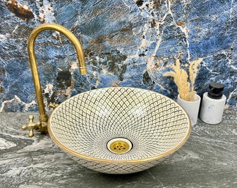 Moroccan Ceramic Sink – Hand-Painted Round Vessel Sink with 14k Gold Rim & Fish Scales Patterns | Artisan Bathroom Wash Basin | Vanity Bowl