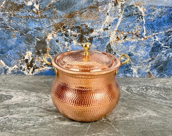 Ollas de cobre con tapa - Olla de cobre hecha a mano y martillada - Utensilios de cocina de cobre con acabado pulido - Olla grande de cobre para cocina