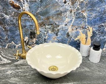 Round Ceramic Washbasin with Wave Rim - Ceramic Bathroom Sink Vanity Countertop - Handmade Porcelain Vessel Sink - Moroccan Basin Sink