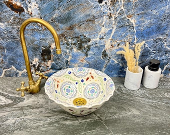 Moroccan Round Ceramic Sink with Wave Rim – Handmade Porcelain Basin for Vanity Countertop - Bathroom Wash Basin - Ceramic Vessel Sink